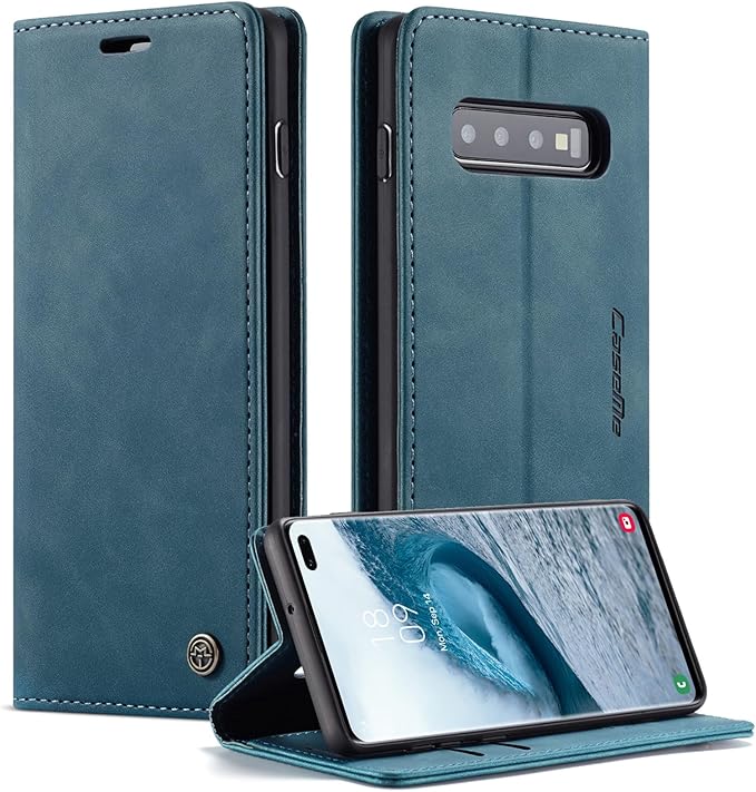 for Samsung Galaxy S10 Plus Case, Flip Wallet Leather Case with Card Holder Magnetic Closure Shockproof Kickstand Protective Phone Cases Cover for Samsung S10 Plus,Blue-Green