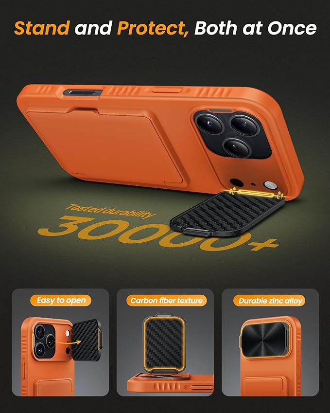 for iPhone 17 Pro Case with Credit Card Holder, Built-in Camera Cover & Stand, Silicone Bumper Raised Edge Multifunctional Full Body Protective Phone Cover Case for iPhone 17 Pro 2025, Orange