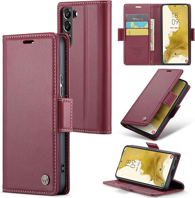 Case for Samsung Galaxy S22 Wallet Case, RFID Blocking PU Leather Flip Folio Cover Card Holder Kickstand Shockproof Phone Case Compatible with Samsung Galaxy S22, Red