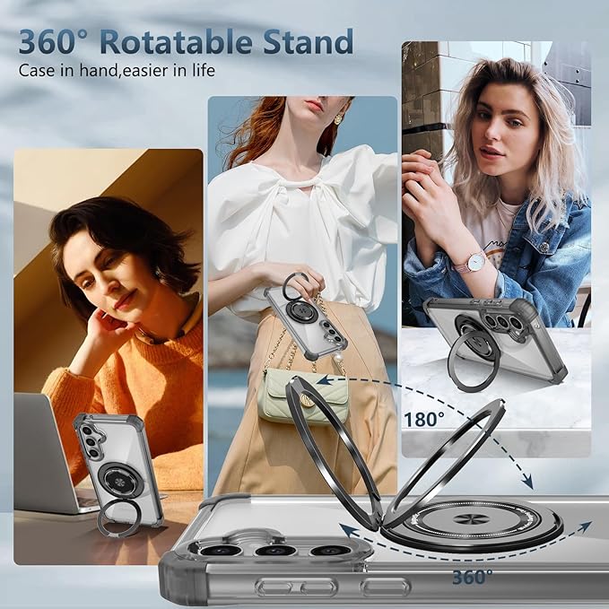 for Samsung Galaxy S24 Plus Case Compatible Wireless Charging Magnetic,with Screen Protector,for S24+Plus Phone Case with 360°Stand Ring Military Grade Shockproof Heavy Duty Protection Black