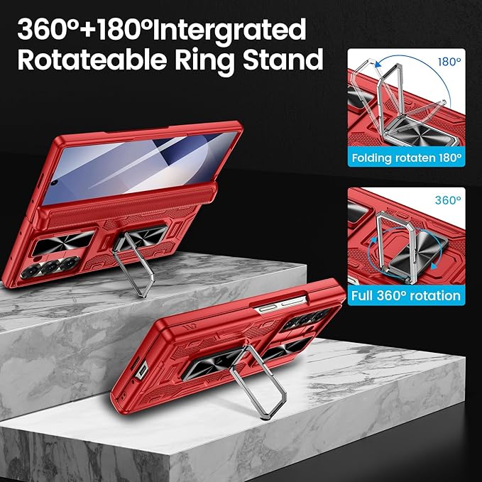 VEGO for Galaxy Z Fold 6 Case with Belt Clip Holster, 360°Ring Magnetic Kickstand & Camera Cover & Front Screen Protector & Hinge Protection Shockproof Cover for Z Fold 6 - Classic Red