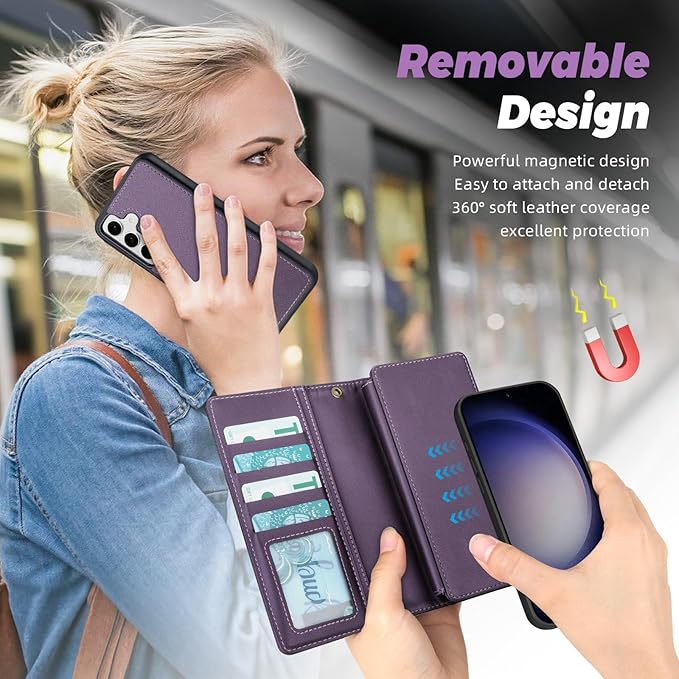 TwoHead for Samsung Galaxy S23 Wallet Case with Card Holder & Detachable Magnetic Phone Case for Galaxy S23,PU Leather Shockproof Protective Phone Cover Wallet with Wrist Strap(6.1 in,Deep Purple)