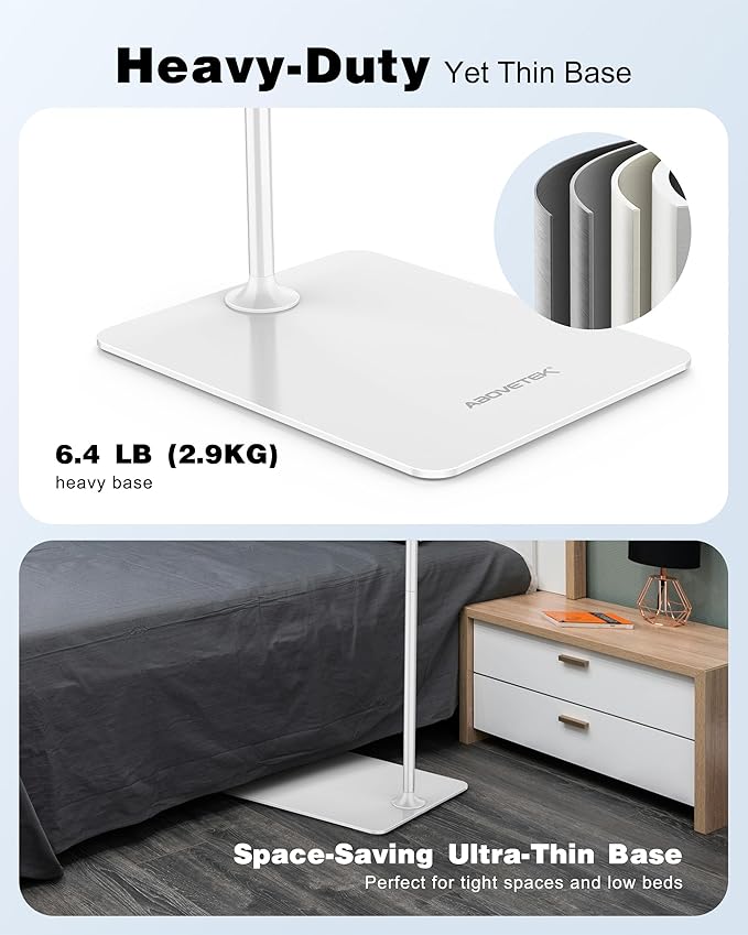 AboveTEK Tablet Floor Stand,Stylish Adjustable Height iPad Floor Stand with Stable Base,Aluminum 360° Rotation Holder for Sofa Bed,Fits 4.7-13.5"iPad Pro 12.9/Air/Mini,Galaxy Tab,iPhone, Kindle(White)