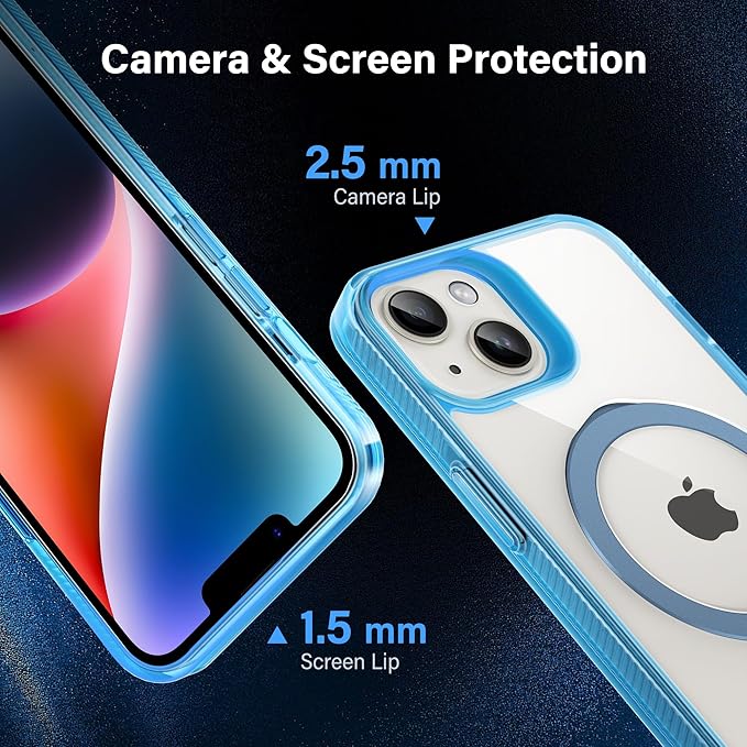Magnetic Case for iPhone 13/14 - [Built-in Invisible Stand] [Compatible with MagSafe] [Military Grade Drop Protection] Anti-Yellowing Hard Back Silicone Edge Cover, 6.1", Clear Blue
