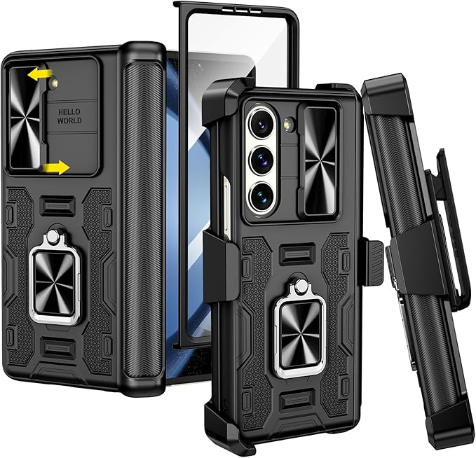VEGO for Galaxy Z Fold 5 Case with Belt Clip Holster, 360°Ring Magnetic Kickstand & Camera Cover & Front Screen Protector, Hinge Protection Shockproof Armor Cover - Black