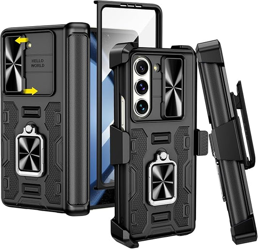 VEGO for Galaxy Z Fold 5 Case with Belt Clip Holster, 360°Ring Magnetic Kickstand & Camera Cover & Front Screen Protector, Hinge Protection Shockproof Armor Cover - Black
