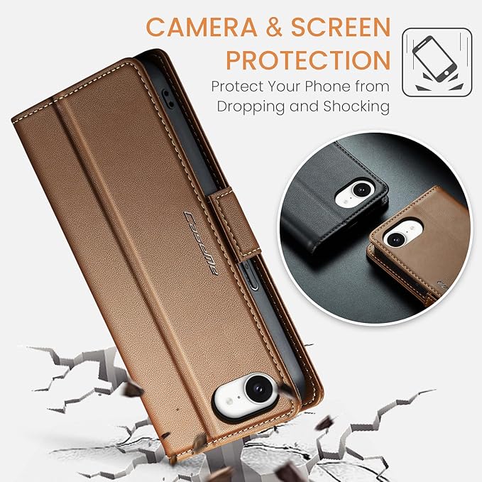 for Apple iPhone 16e Case, Premium PU Leather Wallet Case Flip Cover with [RFID Blocking][Card Holder][Stand Function] Shockproof Protective for iPhone 16E 6.1", Brown