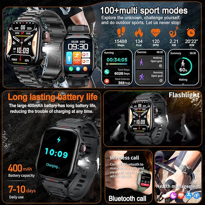 Smart Watch Sport Military for Men, Smartwatch Bluetooth Answer/Dial Call 2.01" Large Screen Outdoor 100 Sports Fitness Tracker Male 400 mAh Large Battery Flashlight Two Straps for Android/ios