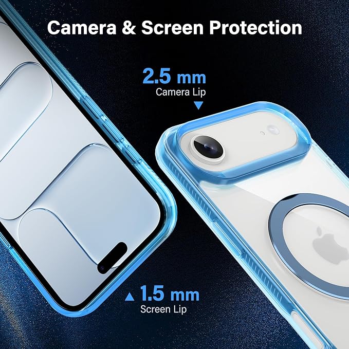 Magnetic Case for iPhone Air - [Built-in Invisible Stand] [Compatible with MagSafe] [Military Grade Drop Protection] Anti-Yellowing Hard Back Silicone Edge Cover, 6.5", Clear Blue