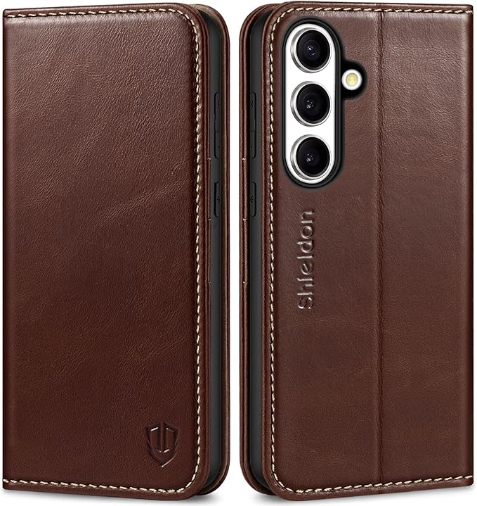 SHIELDON Wallet Case for Galaxy S25 FE 5G, Genuine Leather Case with RFID Blocking Credit Card Holder Kickstand Magnetic Folio Protective Cover Compatible with Galaxy S25 FE 6.7" 2025 - Retro Coffee