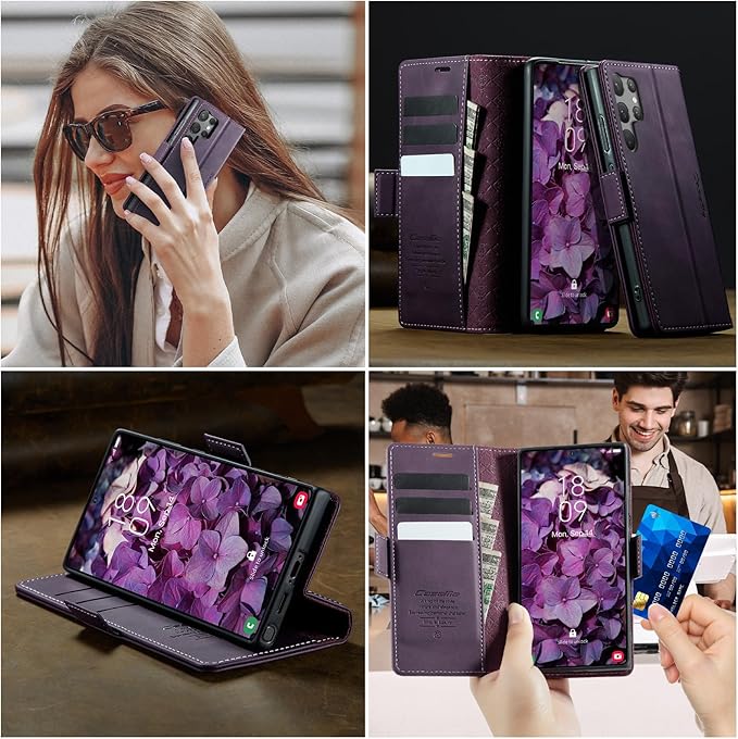 Wallet Case for Samsung Galaxy S23 Ultra Leather Wallet Flip Cover with Card Holder, Kickstand, Magnetic Closure, RFID Blocking TPU Shockproof Phone Case Compatible with S23 Ultra, Purple
