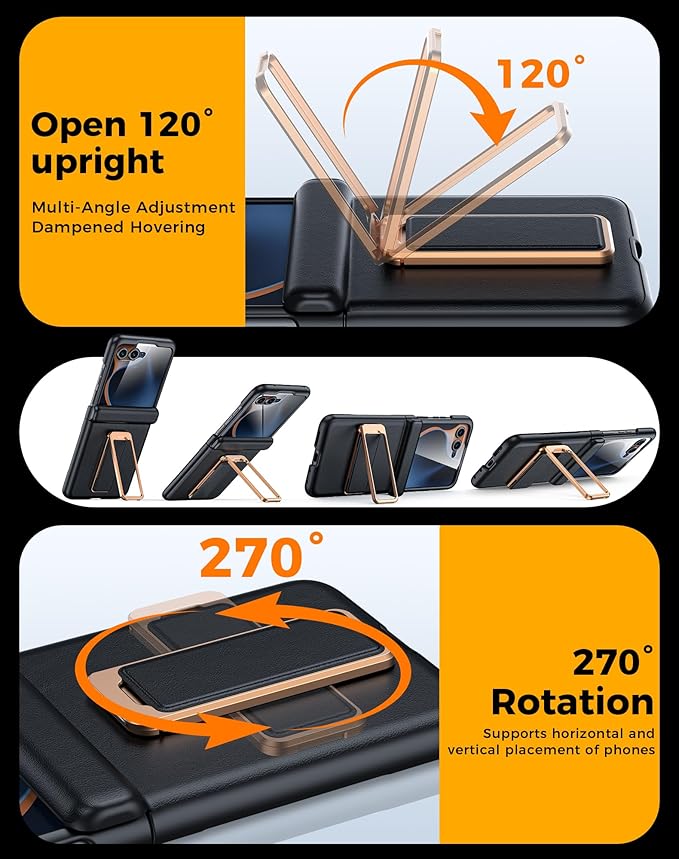 for Motorola Razr 2025 Case/Razr 2024 Case, Built-in Screen Protector & Hinge Protection & 360° Spin Stand & Hand Strap, Slim Genuine Leather Shockproof Phone Case for Razr 2025/2024(Black)