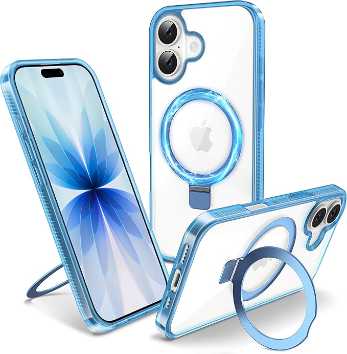 Magnetic Case for iPhone 17 - [Built-in Invisible Stand] [Compatible with MagSafe] [Military Grade Drop Protection] Anti-Yellowing Hard Back Silicone Edge Cover, 6.3", Clear Blue