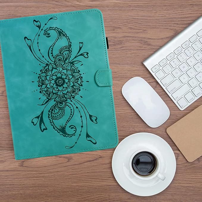 Mandala Flower Case Compatible with Galaxy Tab A9+ Plus 11 Inch 2024 2023 (SM-X210/X216/X218), Cute Elegant Embossed Suede Leather Folio Stand Case Protective Cover with Auto Wake/Sleep, Green
