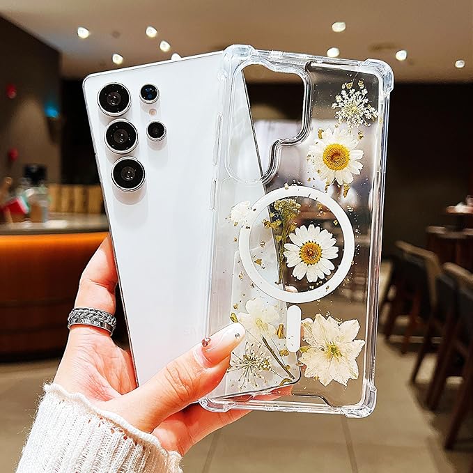 Compatible with Samsung Galaxy S24 Ultra Case,Compatible with MagSafe,Cute Pressed Dried Flowers Design Women Girly Shockproof Floral Clear Magnetic Case for Galaxy S24 Ultra (White)