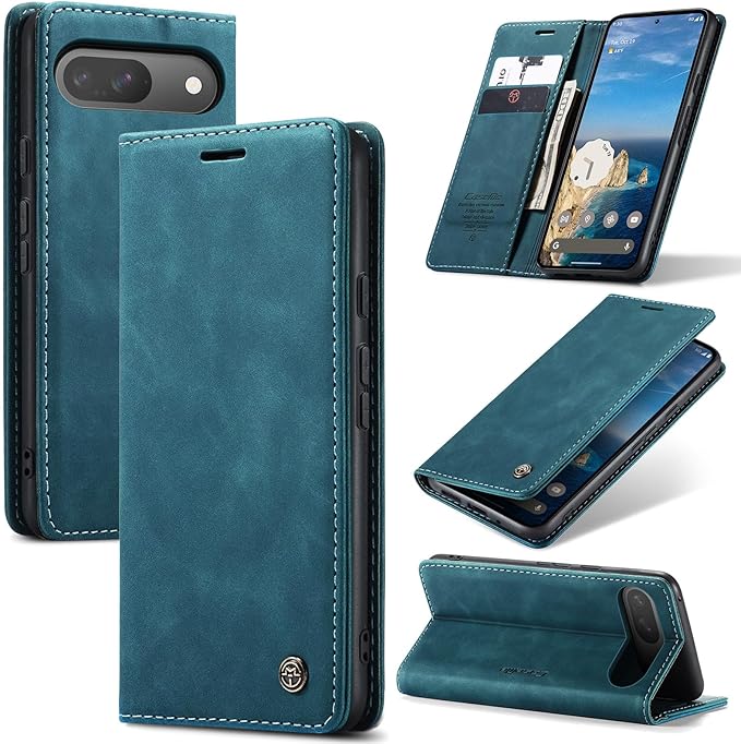for Google Pixel 10 Pro/Pixel 10/Pixel 9/Pixel 9 Pro Case, Flip Wallet Leather Case with Card Holder Magnetic Closure Shockproof Kickstand Protective Phone Cases Cover, Blue-Green