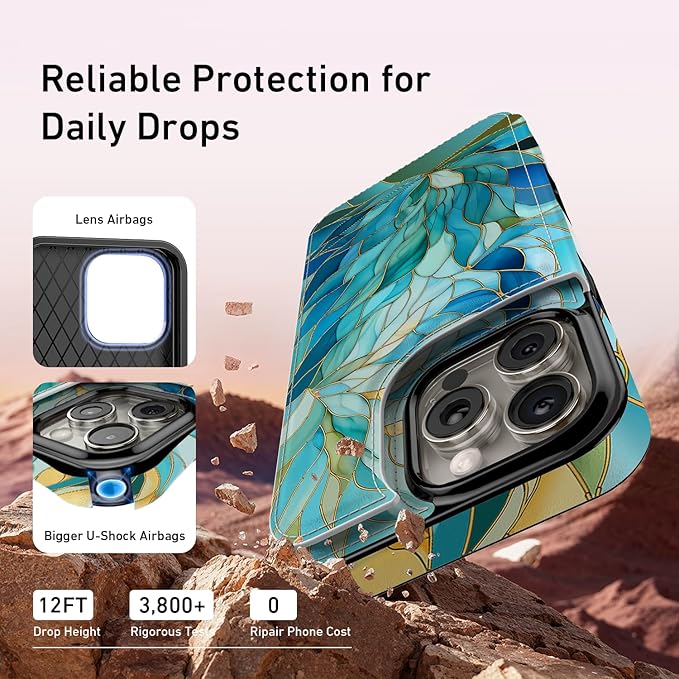 FUNMIKO for iPhone 14 Pro Wallet Case with Card Holder, RFID-Blocking, Military-Grade Protection & UV-Printed Artwork, Magnetic Closure with Leather Kickstand - Sleek Cyan Leaf