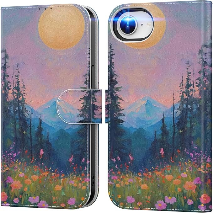 DEENAKIN for iPhone 16e Wallet Case with Card Holder + Cash Clip, RFID-Blocking, Military-Grade Drop Protection, Magnetic Closure with Leather Kickstand - Mountain Blossom Glow