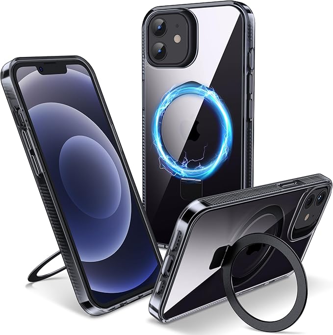 Magnetic Case for iPhone 12/12 Pro - [Built-in Invisible Stand] [Compatible with MagSafe] [Military Grade Drop Protection] Anti-Yellowing Hard Back Silicone Edge Cover, 6.1", Clear Black