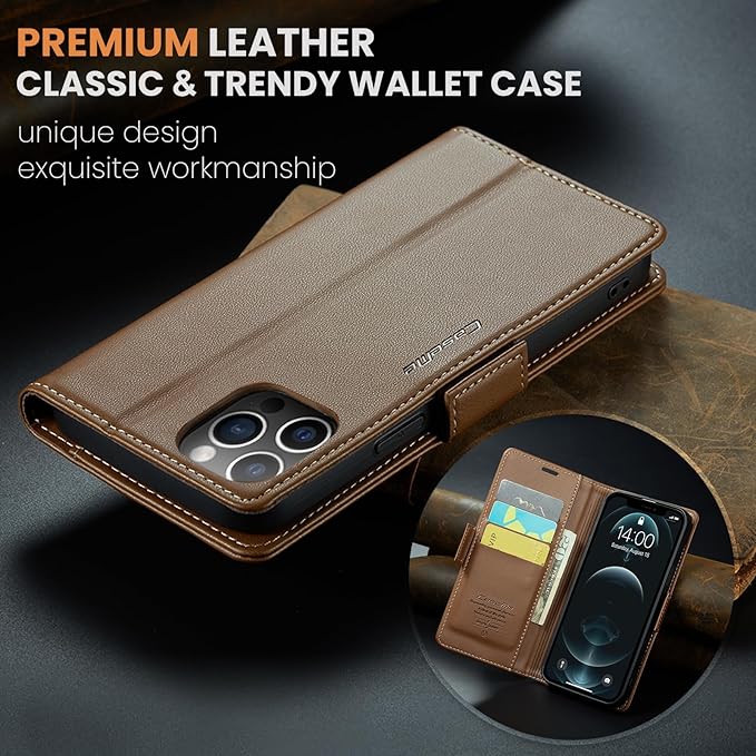 for iPhone 12 Pro Max Case, Premium PU Leather Wallet Case Flip Cover with [RFID Blocking][Card Holder][Stand Function] Shockproof Protective for iPhone 12 Pro Max, Brown