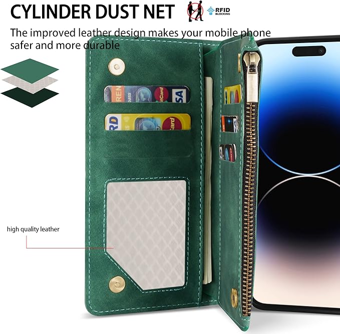 ZZXX for iPhone 14 Pro Max Case Wallet with [RFID Blocking] Card Slot Soft PU Leather Zipper Flip Folio with Wrist Strap Kickstand Protective Cover for iPhone 14 Pro Max Wallet Case(Green-6.7 inch)