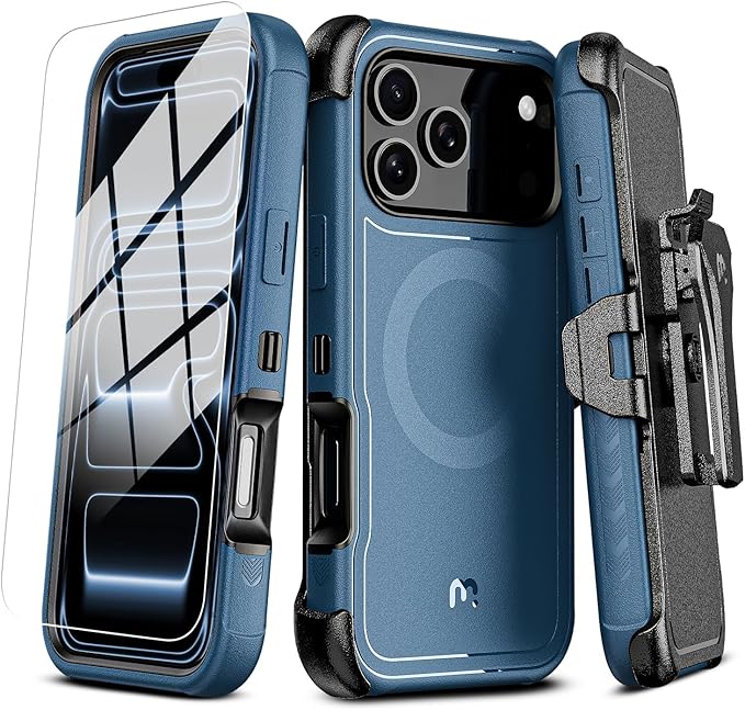 M MYBAT PRO For iPhone 17 Pro Max Case with Belt Clip Holster, Maverick Series 17 Pro Max Case[Compatible with Magsafe]w/Screen Protector,Anti-Drop,with 360°Rotating Kickstand,Heavy Duty Protection