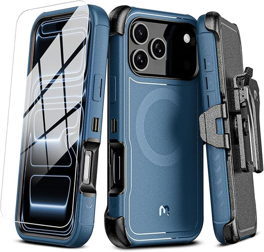 M MYBAT PRO for iPhone 17 Pro Case, Maverick Series Case with Belt Clip Holster,[Compatible with Magsafe] w/Screen Protector,Anti-Drop,Shockproof,w 360°Rotating Kickstand,Heavy Duty Protection Blue