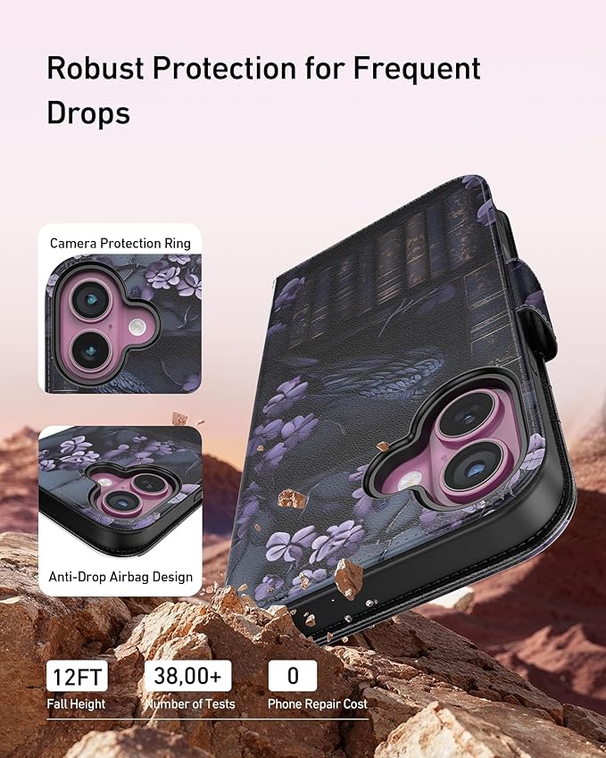 DEENAKIN for iPhone 16 Wallet Case with Card Holder + Cash Clip, RFID-Blocking, Military-Grade Drop Protection, Magnetic Closure with Leather Kickstand - Purple Floral & Raven