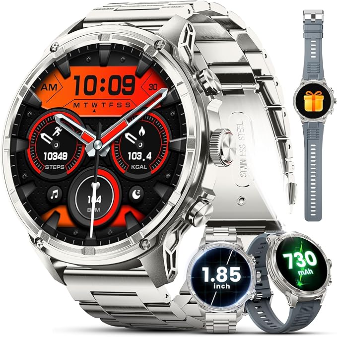 LIGE Military Smart Watches for Men with 80-Days Standby(710mAh)/Flashlight/50M Waterproof/1.85" HD Large Screen,100+ Sports Fitness Tracker Watch,Pedometer Mens Smart Watch for Android iPhone Silver