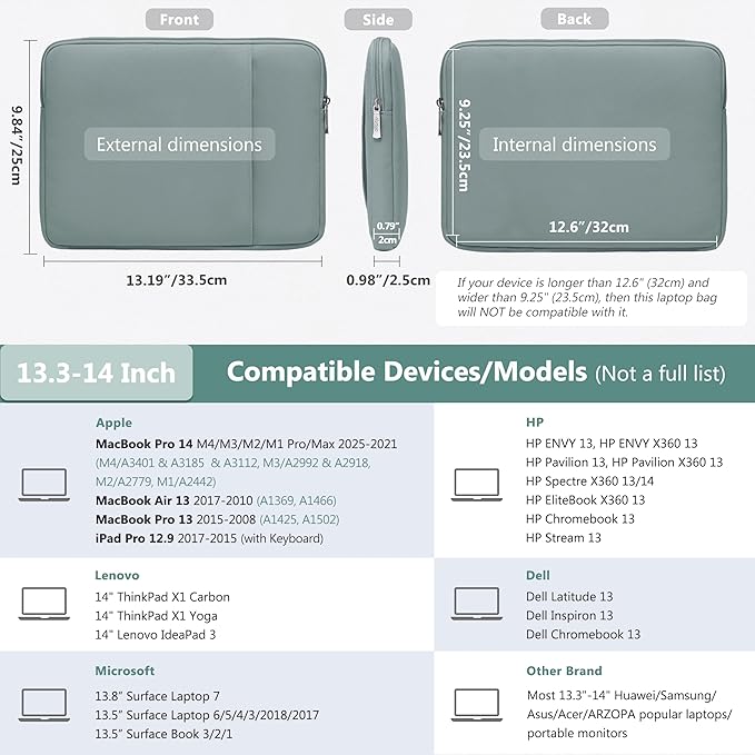 HYZUO 13.3-14 Inch Laptop Sleeve Bag Set for MacBook Pro 14 M4/M3/M2/M1, MacBook Air/Pro 13.3, 13.5"/13.8" Surface Book/Laptop, Notebook Case for 13.3" HP Dell Lenovo Asus Acer, Ash Blue