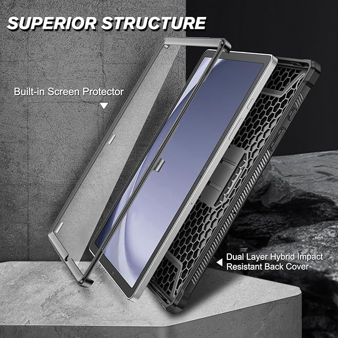 Fintie Shockproof Case for Samsung Galaxy Tab A9 Plus/A9+ 5G 11 Inch 2023 Model (SM-X210/X216/X218), Tuatara Rugged Unibody Hybrid Bumper Kickstand Cover Built-in Screen Protector, Black