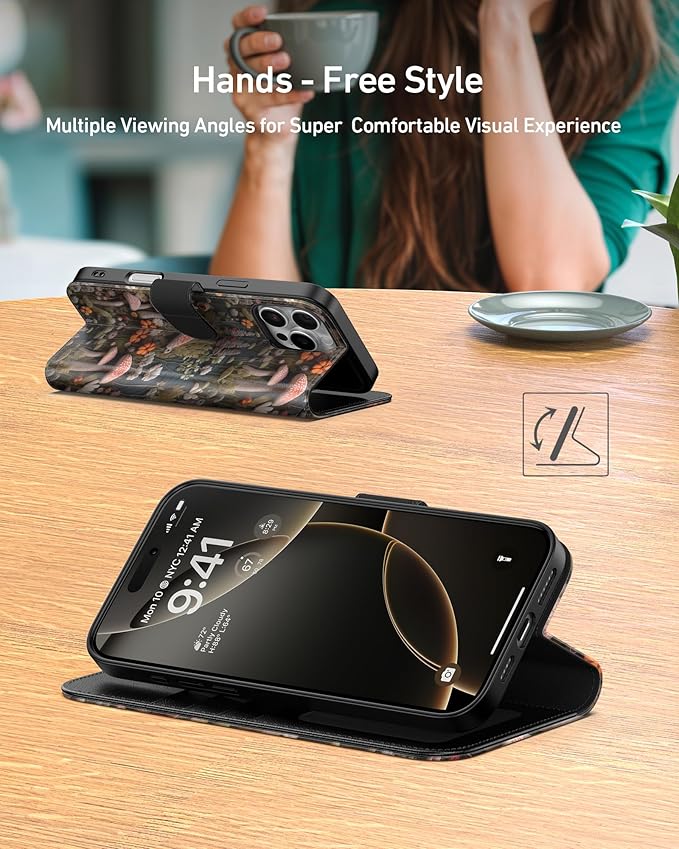 DEENAKIN for iPhone 16 Pro Max Wallet Case with Card Holder + Cash Clip, RFID-Blocking, Military-Grade Drop Protection, Magnetic Closure with Leather Kickstand - Mushroom Floral