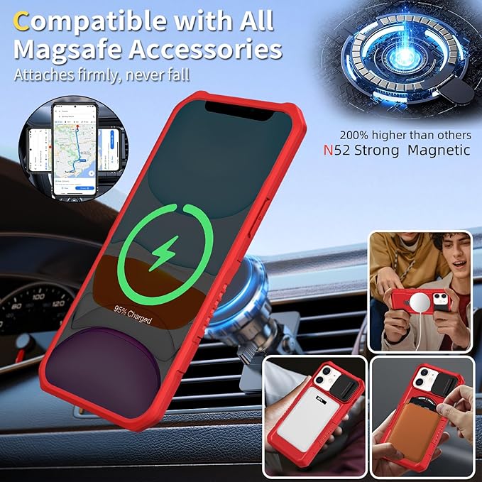for iPhone 11 Case Magnetic Compatible with MagSafe Wireless Charging,with 2 Screen Protectors,for 11 Case Built-in Kickstand+Camera Cover Anti-Scratch Shockproof Heavy Duty Protection Red