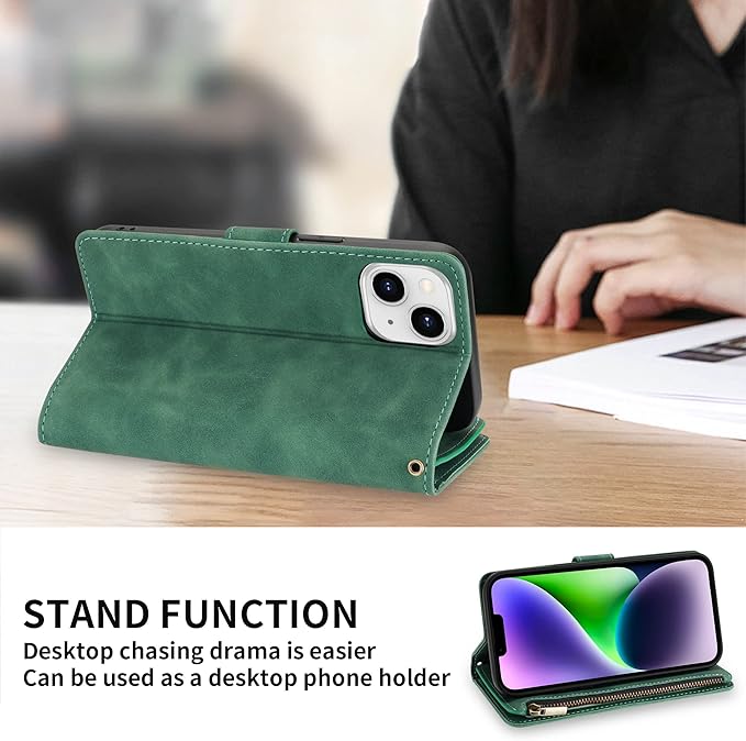 ZZXX for iPhone 14 Plus Case Wallet with [RFID Blocking] Card Slot Premium Soft PU Leather Zipper Flip Folio with Wrist Strap Kickstand Protective Cover for iPhone 14 Plus Wallet Case(Green-6.7 inch)