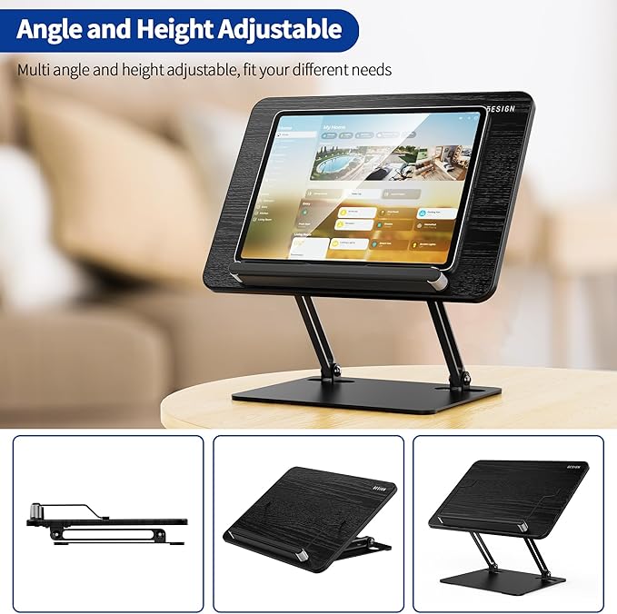 BESIGN BS01 Book Stand for Reading, Adjustable Book Holder, Ergonomic Laptop Stand with Elastic Page Clips for Music Scores, Recipe, Tablet, Laptop (Black)