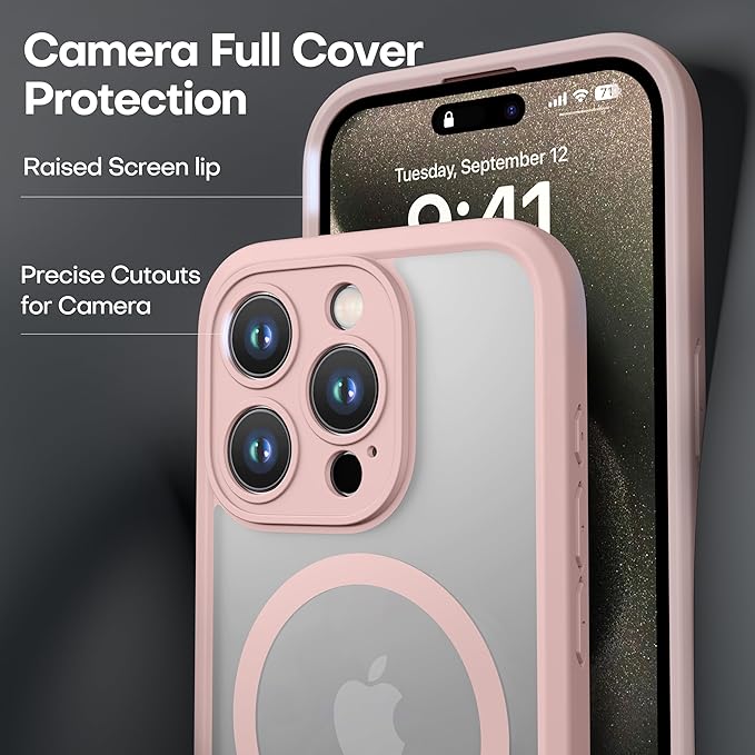 ImpactStrong Magnetic Guard Designed for iPhone 15 Pro Max Case [Camera Protection] [Military Grade Drop Tested] [Compatible with MagSafe] Slim Translucent Matte Phone Case (6.7") - Pink
