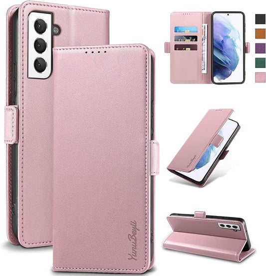 Wallet Flip Case for Samsung Galaxy S21 5G - [RFID Blocking] Luxury PU Leather Card Holder Magnetic Phone Cover with Kickstand,Shockproof Protective Case,Pink