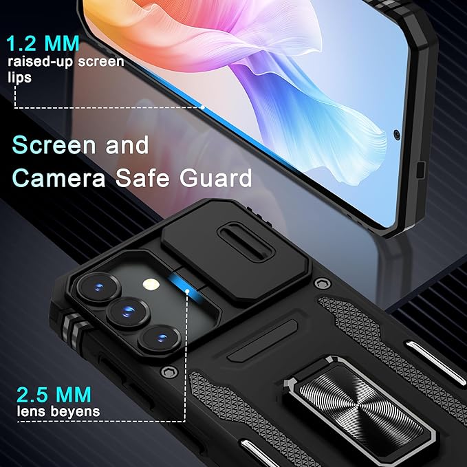 DEERLAMN Case for Samsung Galaxy S25 FE 6.7-Inch with Slide Camera Cover+Screen Protector(1 Pack), Rotated Ring Kickstand Military Grade Shockproof Protective Cover-Black