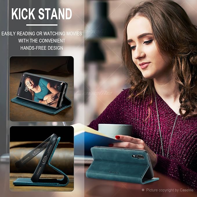 for Huawei P20 Case, Flip Wallet Leather Case with Card Holder Magnetic Closure Shockproof Kickstand Protective Phone Cases Cover for Huawei P20,Blue-Green