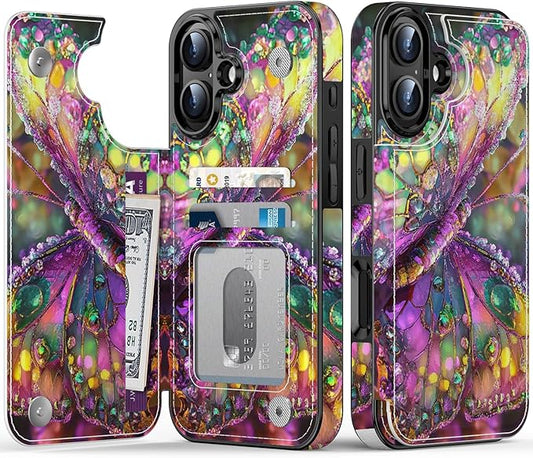 FUNMIKO for iPhone 16 Wallet Case with Card Holder, RFID-Blocking, Military-Grade Protection & UV-Printed Artwork, Magnetic Closure with Leather Kickstand - Vibrant Elegant Butterfly