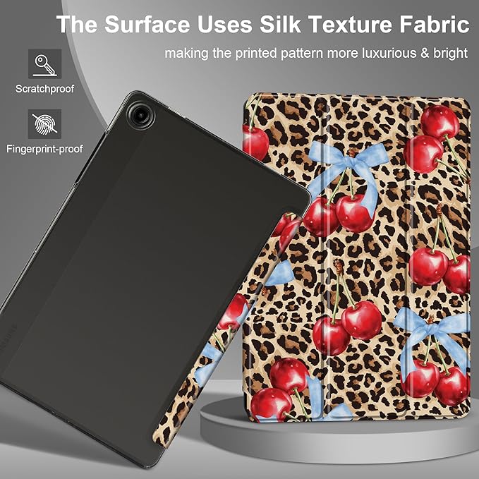 DONGKE Case for Samsung Galaxy Tab A9+/A9 Plus 11 inch 2024 2023 (SM-X210/X216/X218), Slim Stand Hard PC Translucent Back Shell Smart Cover, Auto Wake/Sleep - Leopard Cherries