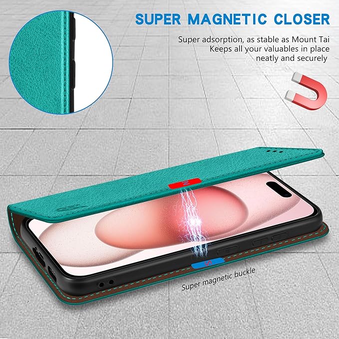 ZZXX for iPhone 15 Wallet Case with [RFID Blocking] Card Slot Stand Strong Magnetic Leather Flip Fold Protective Phone Case for iPhone 15 Case Wallet(Lake Blue-6.1 inch)