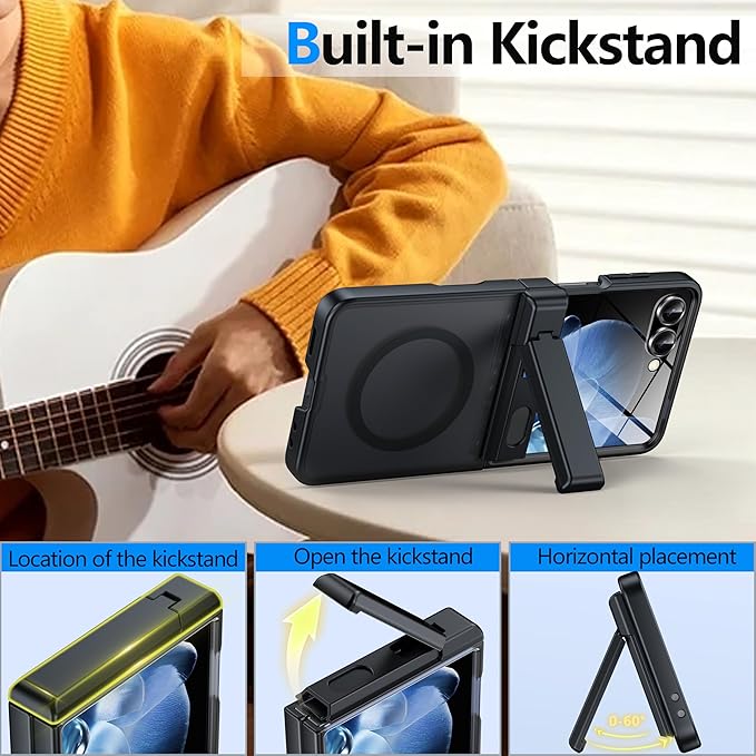 for Samsung Galaxy Z Flip 7 Case Fit for Magsafe [Hinge Protection＆ Kickstand][Built-in Screen Protector][Translucent Matte] 15FT Military Shockproof Full Body Phone Case for Z Flip 7,Black