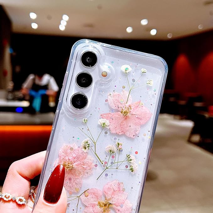 Compatible with Samsung Galaxy S25 Case Cute Pressed Dried Real Flowers Design Women Girly Shockproof Hard PC+ TPU Bumper Floral Phone Cover for Galaxy S25 (Light Pink)