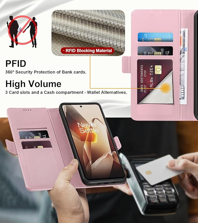 Wallet Flip Case for OnePlus 13R 5G - [RFID Blocking] Luxury PU Leather Card Holder Magnetic Phone Cover with Kickstand,Shockproof Protective Case,Pink