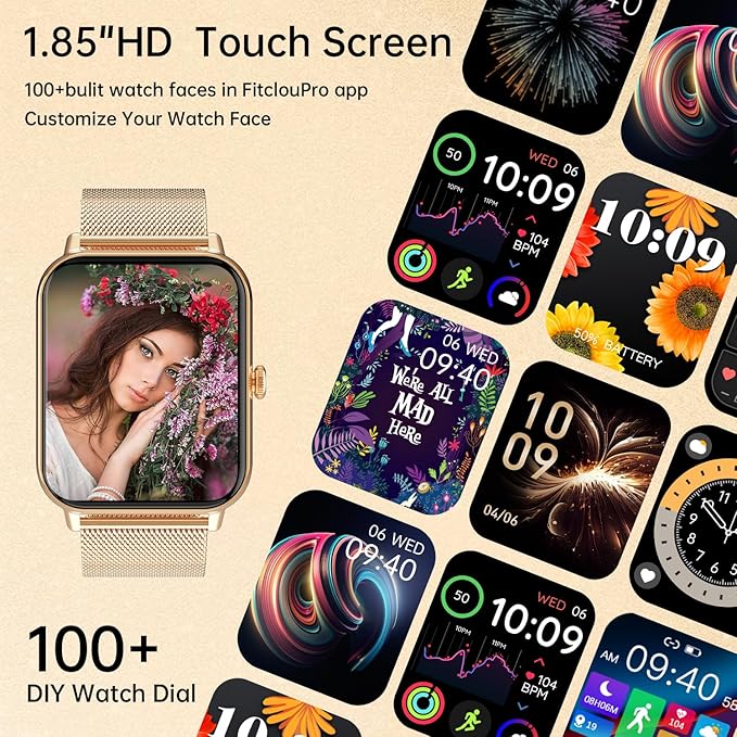 Smart Watch for Women Men(Answer/Dial Calls) 1.83" HD AI Voice Smartwatch with Fitness/Step Tracker/Heart Rate/Sleep/Stress Monitor, 120+ Sports Modes IP68 Waterproof for IOS/Android, Gold/3 Bands