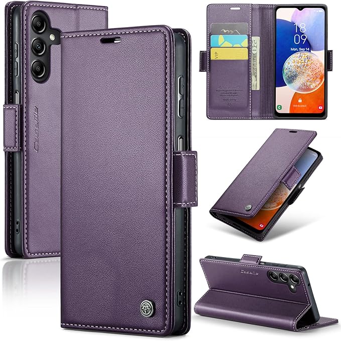 for Samsung Galaxy A14 4G/5G Case, Premium PU Leather Wallet Case Flip Cover with [RFID Blocking][Card Holder][Stand Function] Shockproof Protective for Samsung Galaxy A14, Purple