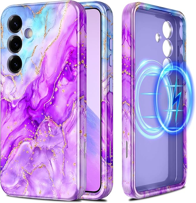 Casetego for Galaxy S25 Case,Compatible with MagSafe,[Military Grade Drop Test] Full Body Protection Slim Shockproof Rugged Marble Women Case for Samsung Galaxy S25 6.2 inch,Bright Purple