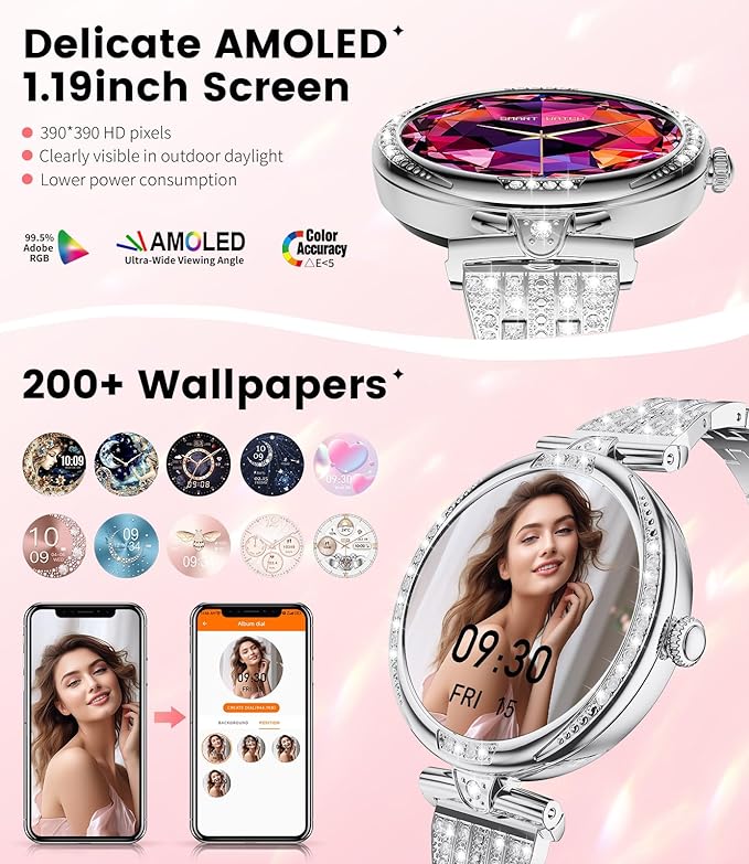 LIGE Smart Watches for Women (Answer/Make Call) with Diamonds，1.19” AMOLED Smartwatch,IP68 Waterproof Fitness Tracker 120 Sport Modes Pedometer for Android iOS,Sliver
