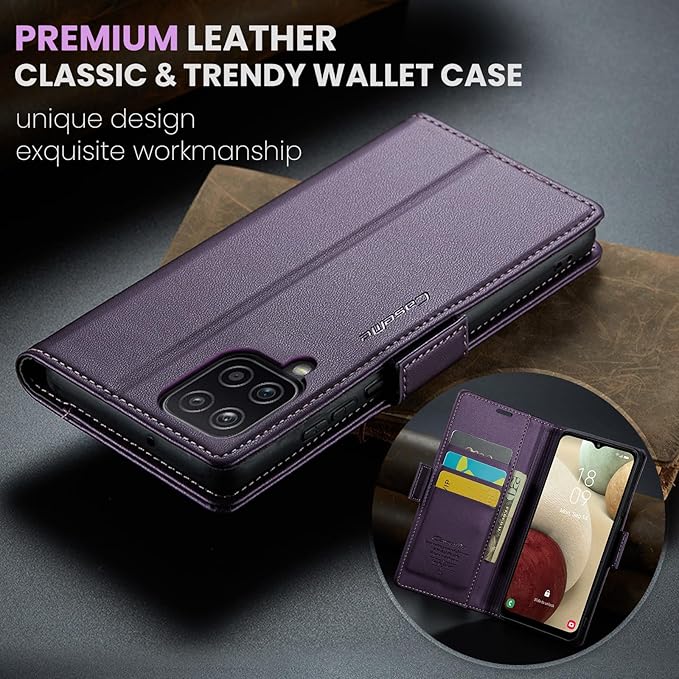 for Samsung Galaxy A12 5G Case, Premium PU Leather Wallet Case Flip Cover with [RFID Blocking][Card Holder][Stand Function] Shockproof Protective for Samsung Galaxy A12, Purple